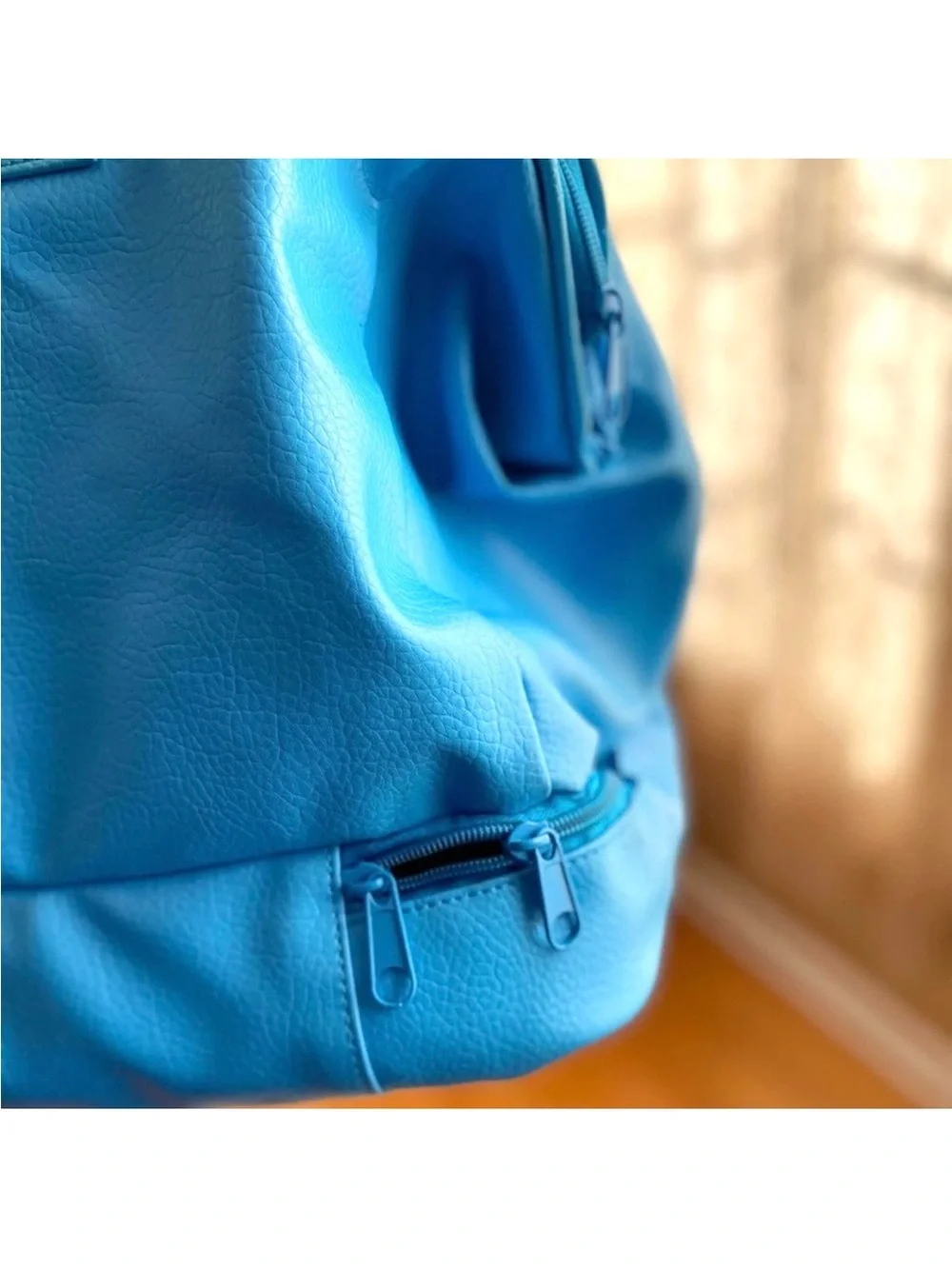 Sky Blue Vegan Leather Multi Pocket Weekender Duffel Tote Bag Bottom Zip. New